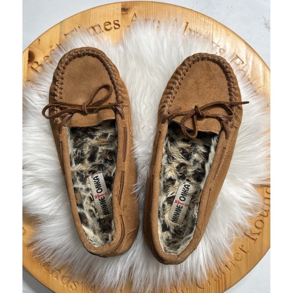 Minnetonka Brown Suede‎ Moccasin Slippers Faux Fur Lined Cozy Boho Shoes
